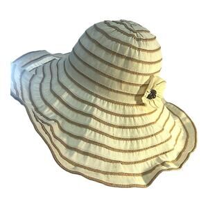 Vintage Fabric Cream and Brown Wide-Brimmed SunHat with wire edges to adjust OS